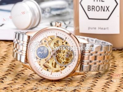 Copy Jaeger Lecoultre Skeleton Moon Phase Two Tone Rose Gold Watch