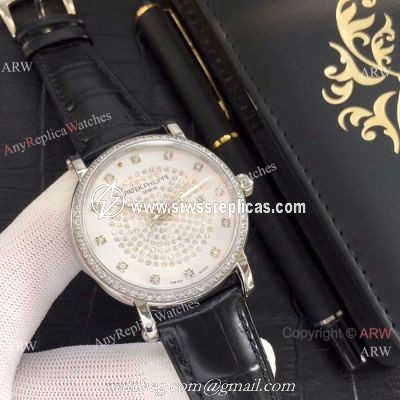 Patek Philippe Calatrava Diamond Watch SS Black Leather Band