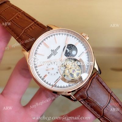 Fake Jaeger LeCoultre Master Tourbillon Moonphase Watch Black Leather Band