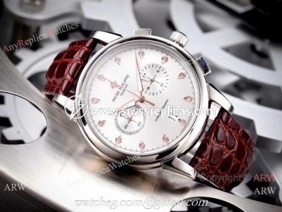Copy Patek Philippe Geneve Chronograph Watch White Dial Brown Leather Band