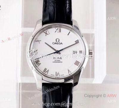 Swiss Grade 1 Omega De Ville Co Axial White Dial Leather Strap Watch VS Factory