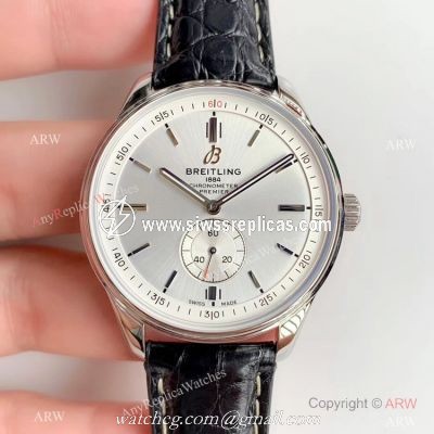 Swiss ETA Breitling Premier Replica Watch Silver Dial Black Leather Strap