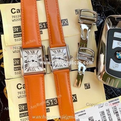 Cartier Solo Tank Quartz Watch SS Orange Leather Band