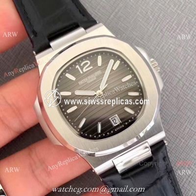 New Patek Philippe Nautilus Watch SS Gray Dial Black Leather Band