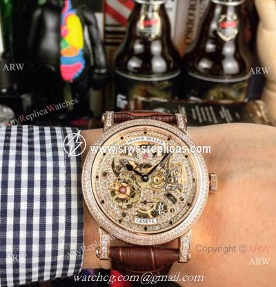 New Copy Franck Muller Round Skeleton Watch Rose Gold Brown Leather Strap