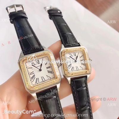 2019 New Cartier Santos Diamond Replica Watch Black Leather Strap Gold Bezel