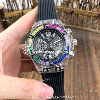 Hublot Big Bang Unico Replica Watches Rainbow Bezel Skeleton Dial Hublot Clear Watch