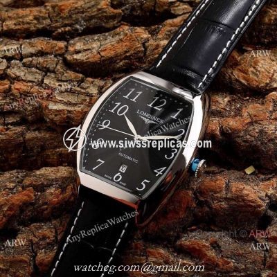 Copy Longines Evidenza Men Watches Black Dial Black Leather Strap