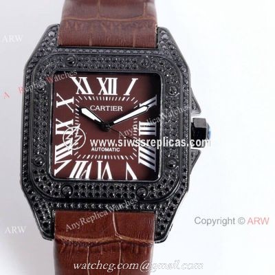 AAA Copy Cartier Santos De Iced Out Brown Dial Automatic Wrist