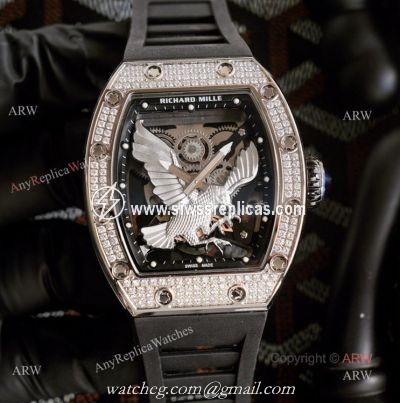 Limited Richard Mille Eagle Copy Watch With Silver Diamonds Black Rubber Band For Men