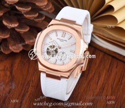 Copy Patek Philippe Nautilus Flying Tourbillon 42mm Watch White Rubber Band