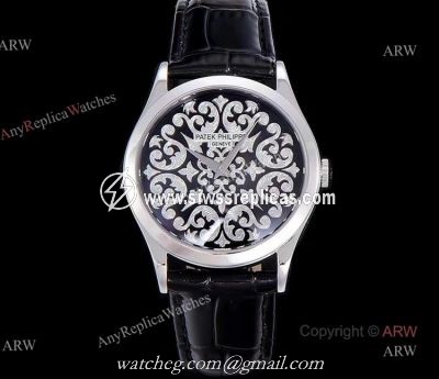 New 5088 Patek Philippe Calatrava Engraved Black Dial Replica Watches 38mm