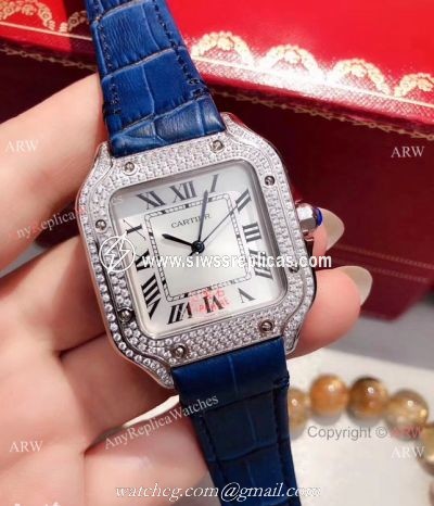 Cartier Santos 100 Diamond Replica Watch SS Diamond Case Blue Leather Strap