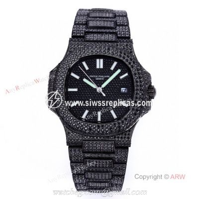 High Quality Replica Iced Out Patek Philippe Nautilus Black Diamonds Automatic Watch 40mm