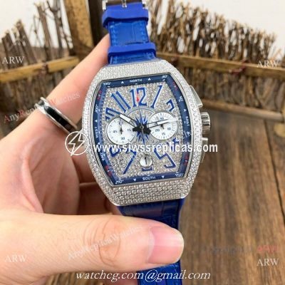 Copy Franck Muller Vanguard Chronograph Iced Out Watches Blue Gummy Strap