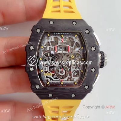 KV Factory V2 Upgraded Carbon Richard Mille RM011 Yellow Rubber Band Replica Watches For Sale