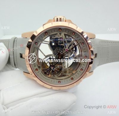 Copy Roger Dubuis Excalibur Flying Tourbillon Watch Rose Gold Gray Leather Strap