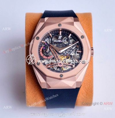 Copy Hublot Classic Fusion Skeleton Watches Rose Gold Rubber Strap