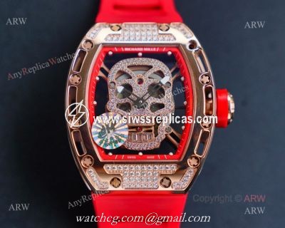 Rose Gold Richard Mille RM 052 Skull Replica Watch With Red Rubber Strap