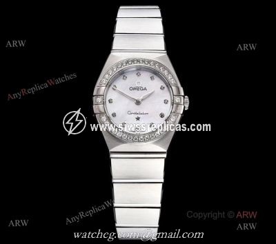 GF Factory Replica Omega Constellation Silver Diamond Bezel White Mop Dial Swiss Quartz Watch 25mm