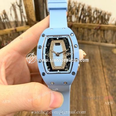 Replica Richard Mille RM037 Automatic Lady Watch Blue Ceramic Rose Gold Crown