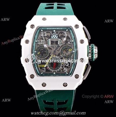 KV Factory Knockoff Richard Mille Green Rubber White Ceramic Replica Watch RM11-03