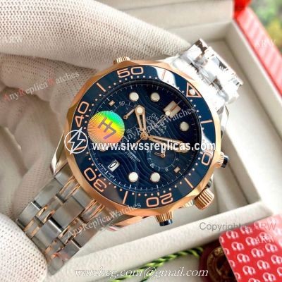 Copy Omega Seamaster 300M Chronograph Watch Two Tone Rose Gold Dark Blue Dial