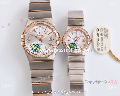 Swiss Quality Clone Omega Double Eagle Couple Watches Silver Dial Diamond Bezel 38mm and 27mm