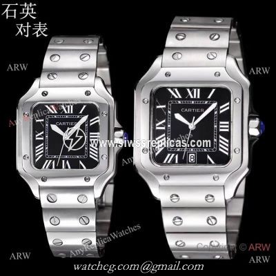 Replica Cartier Santos de Cartier Stainless Steel Black Dial Lover Watch