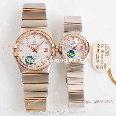 Swiss Quality Omega Constellation Double Eagle Couple Watch 2-Tone Rose Gold Diamond Bezel