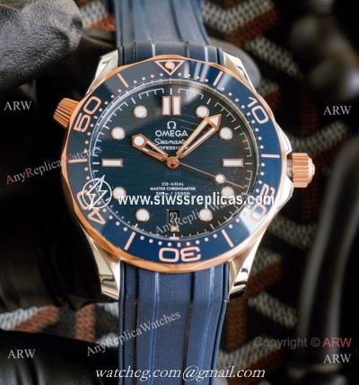 Best Quality Copy Omega Seamaster Diver 300M Watches Rose Gold and Blue