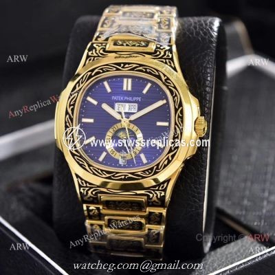 Clone Patek Philippe Annual Calendar Watches Yellow Gold Engraving Blue Dial