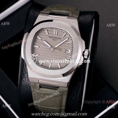 Buy Knockoff Patek Philippe Nautilus Watches SS Gray Dial Leather Strap