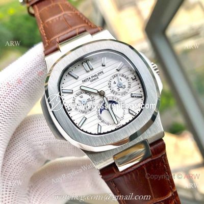 Copy Patek Philippe Nautilus White Face Annual Calendar Watch Brown Leather Strap