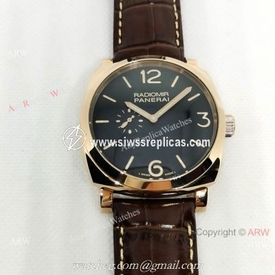 Copy Panerai Radiomir Rose Gold Brown Leather Strap Watch