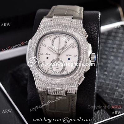 Japan Grade Patek Philippe Nautilus Diamonds Watches Gray Leather Strap