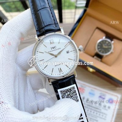 Knock off IWC Portofino Automatic Watches White Dial Black Leather Strap