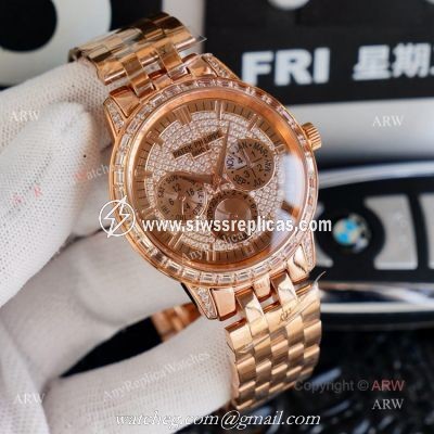 Swiss 9100 Patek Philippe Baguette Diamond Rose Gold Watch Replica 41mm