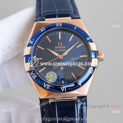 AAA Grade Swiss Replica Omega Constellation Gents Watch Rose Gold and Blue