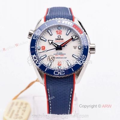VS Factory Omega Seamaster Planet Ocean 600m White Red Blue Ceramic Bezel Americas Cup Replica Watch