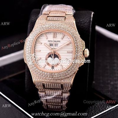 Patek Philippe Annual Calendar Copy Watches Iced Out Rose Gold Case