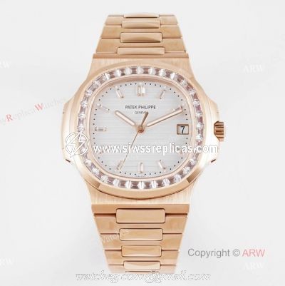 (PPF) V4 Version Swiss Replica Patek Philippe Nautilus Rose Gold Diamond Bezel Watch For Men