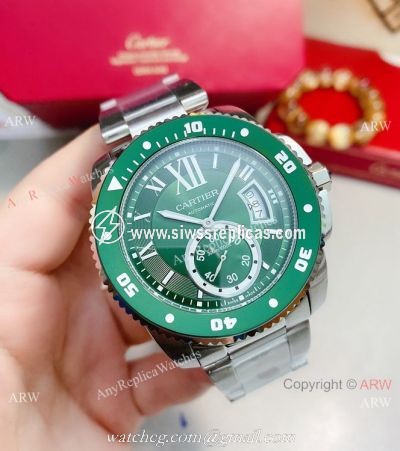 New! Replica Cartier Calibre de Stainless Steel Green Bezel Watch