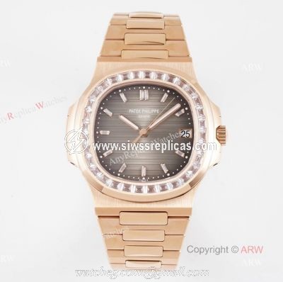 (PPF) V4 Version  Swiss Replica Rose Gold Patek Philippe Nautilus Diamond Watches With Gray Dial