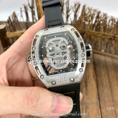 Luxury Replica Richard Mille Diamond Skull RM52-01 Watches Black Rubber Strap