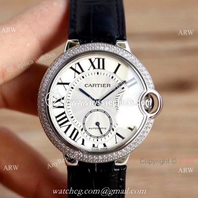 Swiss Fake Cartier Ballon Bleu 42mm XL Watch White Dial Black Leather Strap