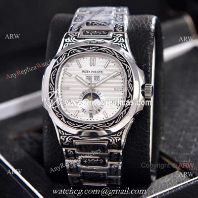 Copy Patek Philippe Nautilus Annual Calendar Watches Silver Dial Engraving Case