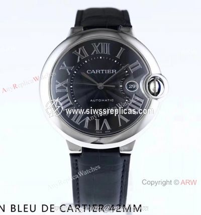 Swiss Replica Cartier Ballon Bleu Watch Black Dial Leather Strap 42mm