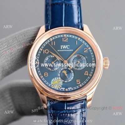 Swiss AAA IWC Portugieser Perpetual Calendar Replica Watch Rose Gold Blue Dial
