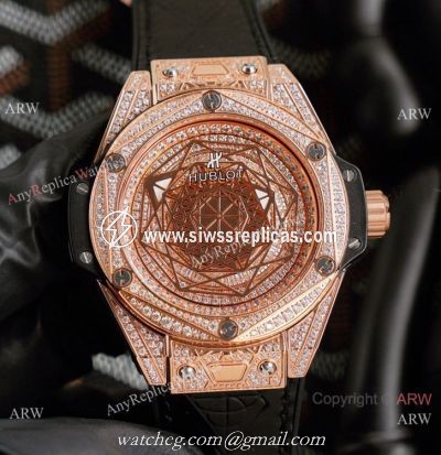 New Replica Hublot Iced Out Rose Gold Sang Bleu Watches 45mm